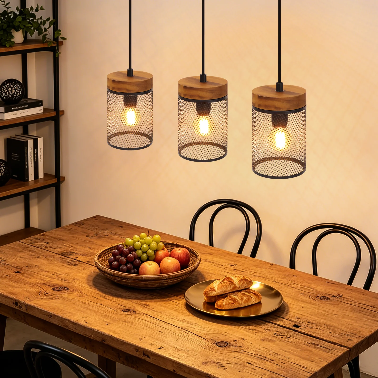 ZMH Pendelleuchte Holz Vintage 3 flammig E14 industrial Retro Hängelampe für Wohnzimmer Esszimmer - Image 2