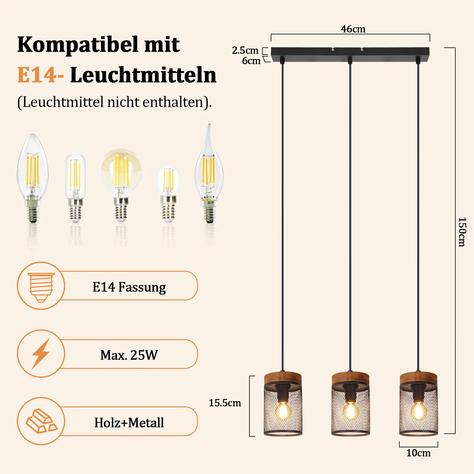 ZMH Pendelleuchte Holz Vintage 3 flammig E14 industrial Retro Hängelampe für Wohnzimmer Esszimmer - Image 4