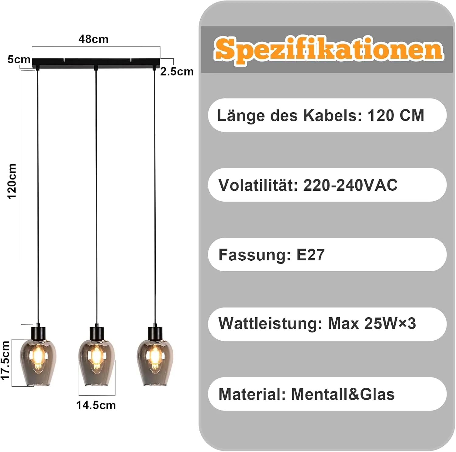 ZMH Pendelleuchte Schwarz 3 Flammig Vintage E27 Rauchglas Hängelampe Für Esszimmer Wohnzimmer - Image 5