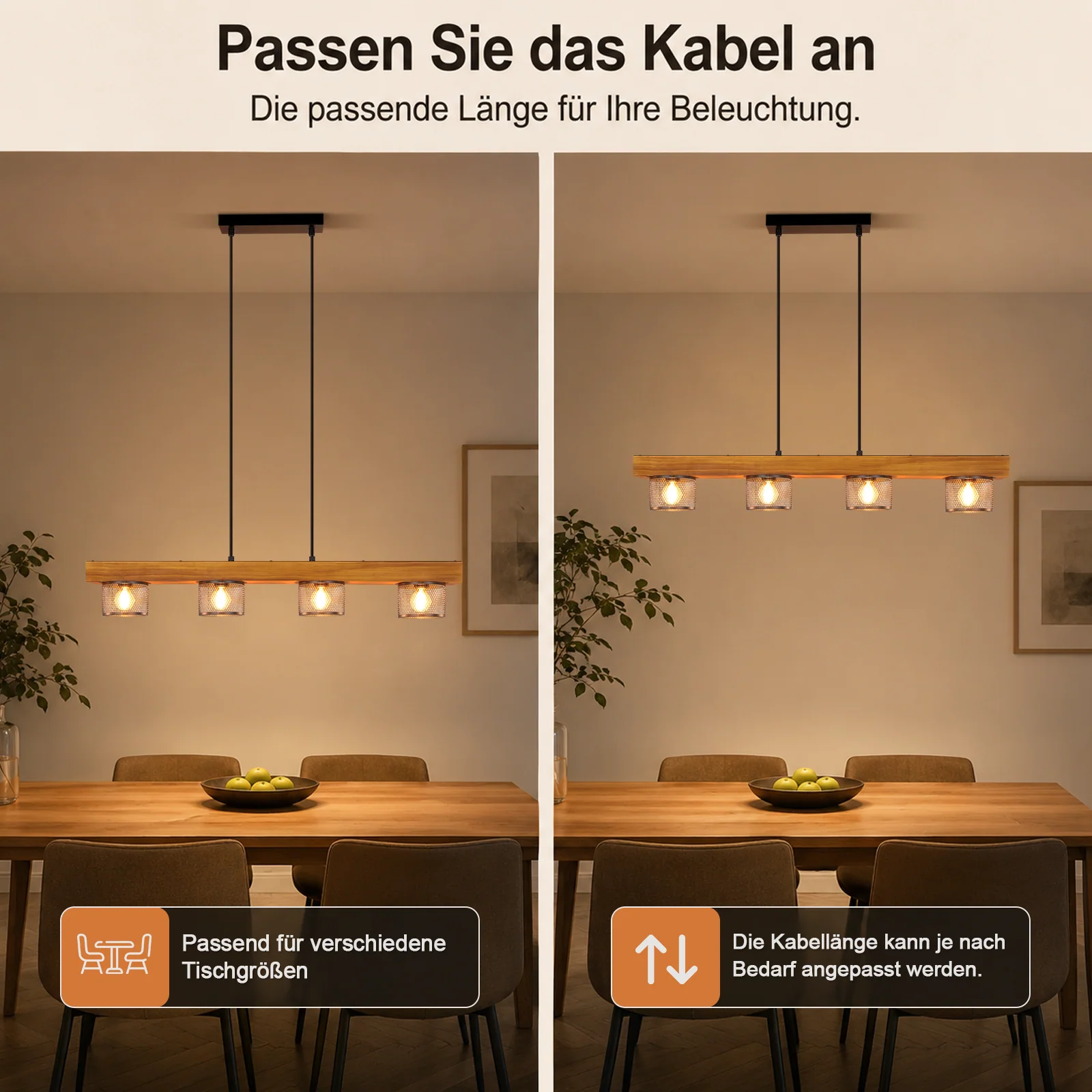 ZMH Pendelleuchte Vintage Holz 4 flammig Retro E14 Metall Hängelampe für Wohnzimmer Esszimmer - Image 6