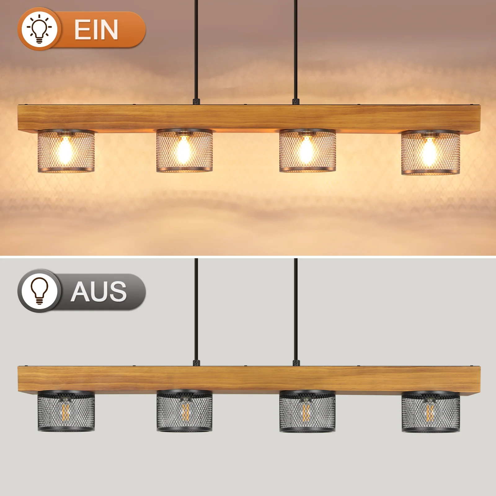ZMH Pendelleuchte Vintage Holz 4 flammig Retro E14 Metall Hängelampe für Wohnzimmer Esszimmer - Image 7