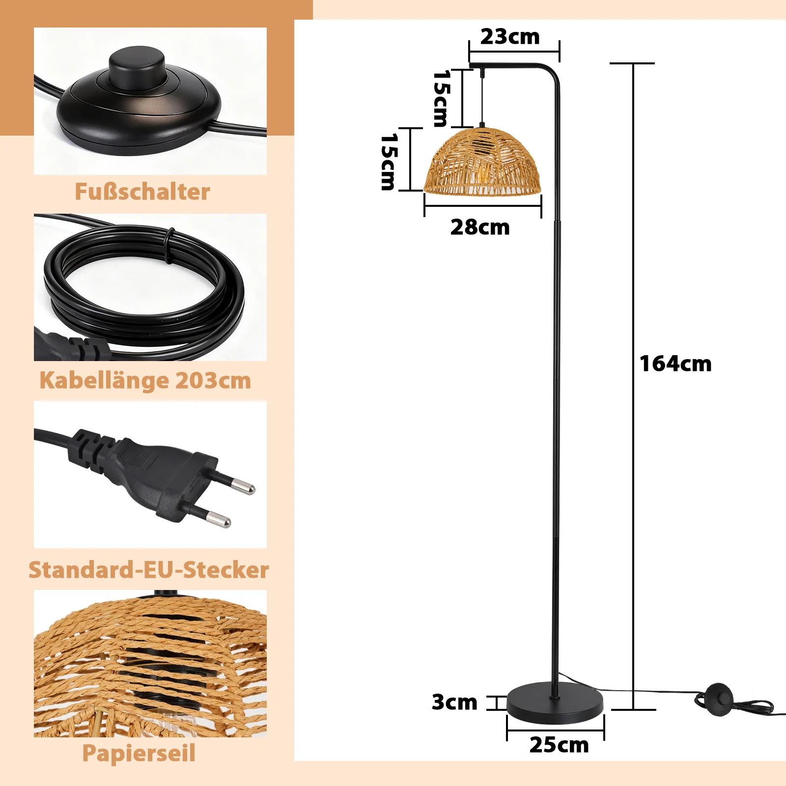 ZMH Stehlampe Boho Seil Schirm Schwarz E27 Standleuchte Für Wohnzimmer Schlafzimmer Esszimmer - Image 5