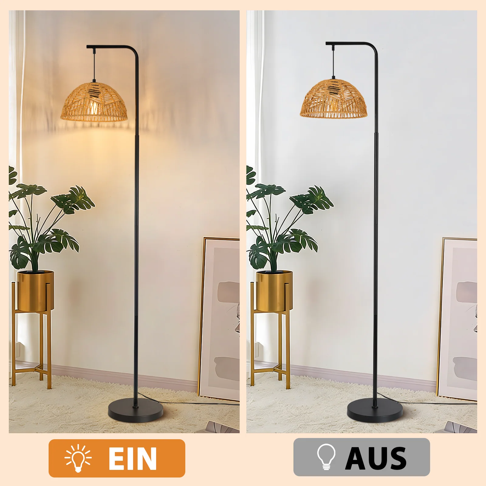 ZMH Stehlampe Boho Seil Schirm Schwarz E27 Standleuchte Für Wohnzimmer Schlafzimmer Esszimmer - Image 6