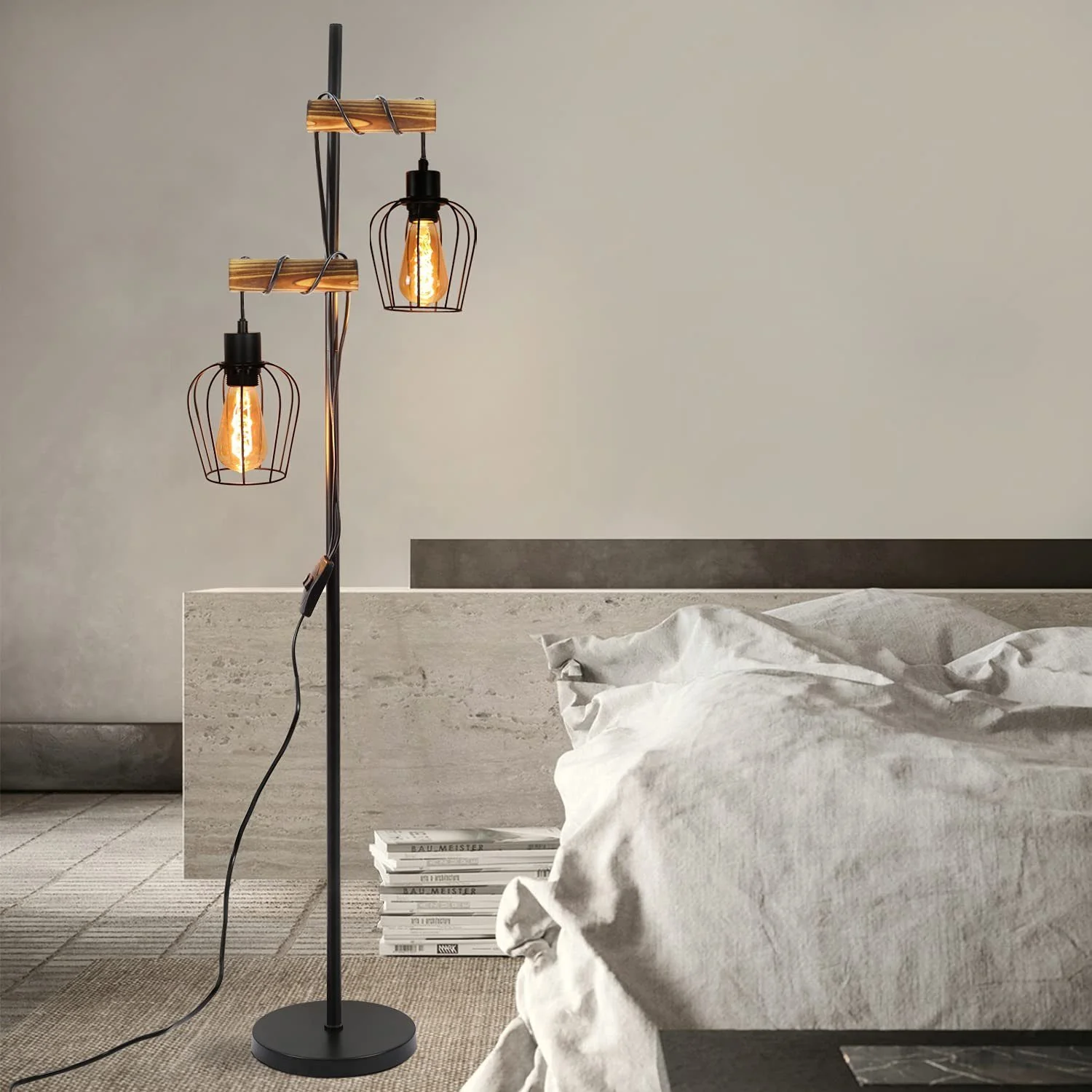 ZMH Stehlampe Vintage 2 Flammig 151CM Industrial Holz Stehleuchte Für Wohnzimmer Flur - Image 5