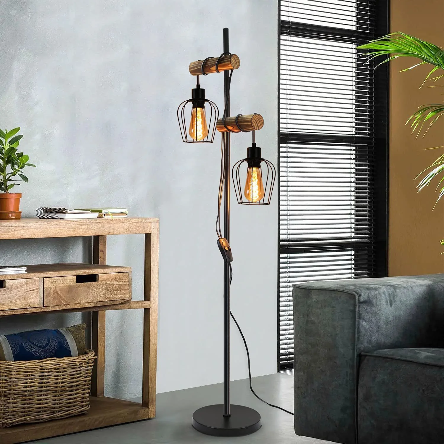 ZMH Stehlampe Vintage 2 Flammig 151CM Industrial Holz Stehleuchte Für Wohnzimmer Flur - Image 6