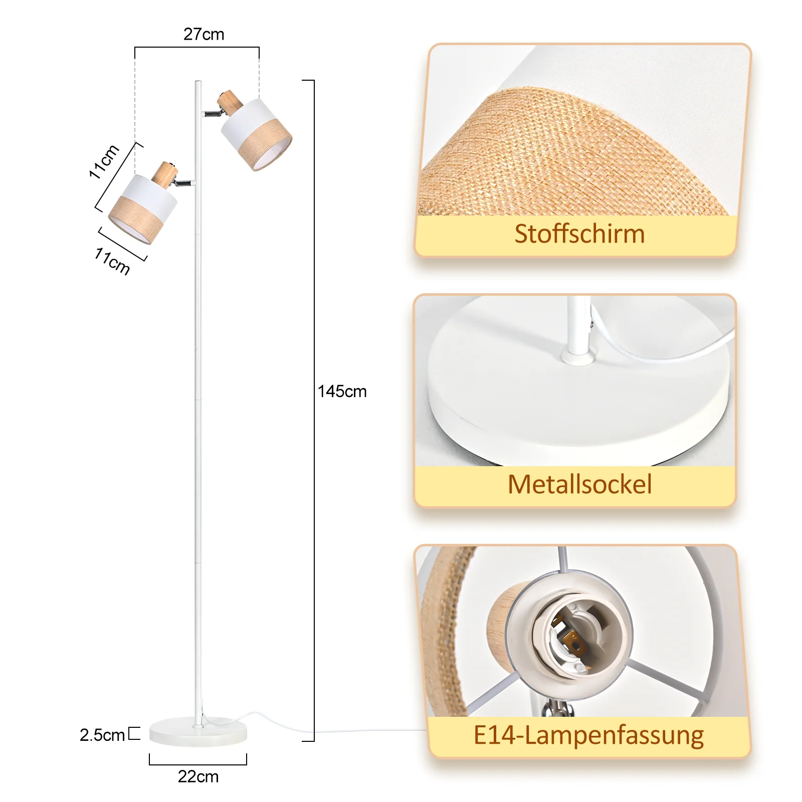ZMH Stehlampe Vintage Holz 2 Flammig Stoff E14 Leselampe Retro Rustikal Standleuchte für Wohnzimmer - Image 10