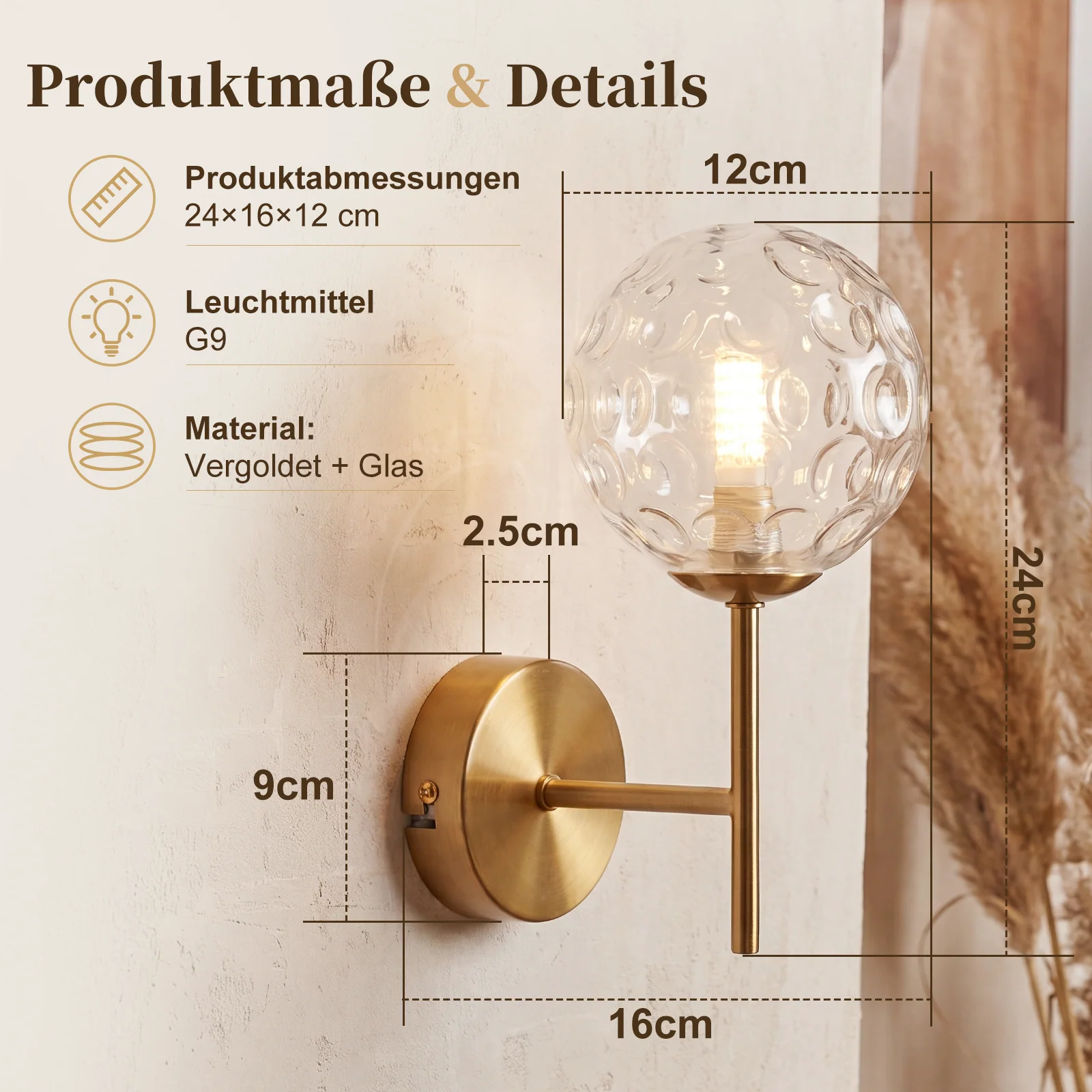 ZMH Wandleuchte Glaskugel G9 Wandlampe Metall Modern 24CM Vintage Nachttischlampe für Wohnzimmer - Image 5